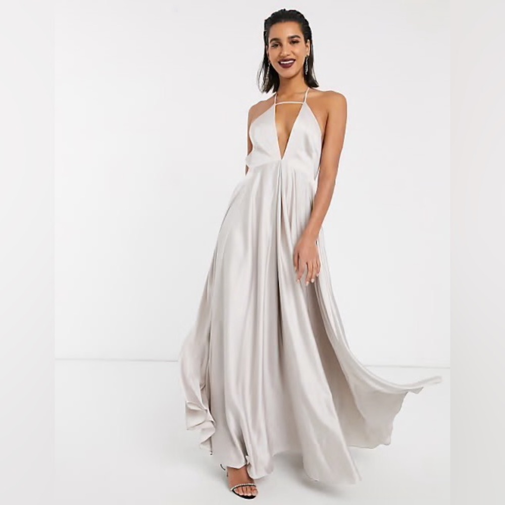 ASOS DESIGN Bridesmaid plunge satin cami maxi dress with full skirt in gray